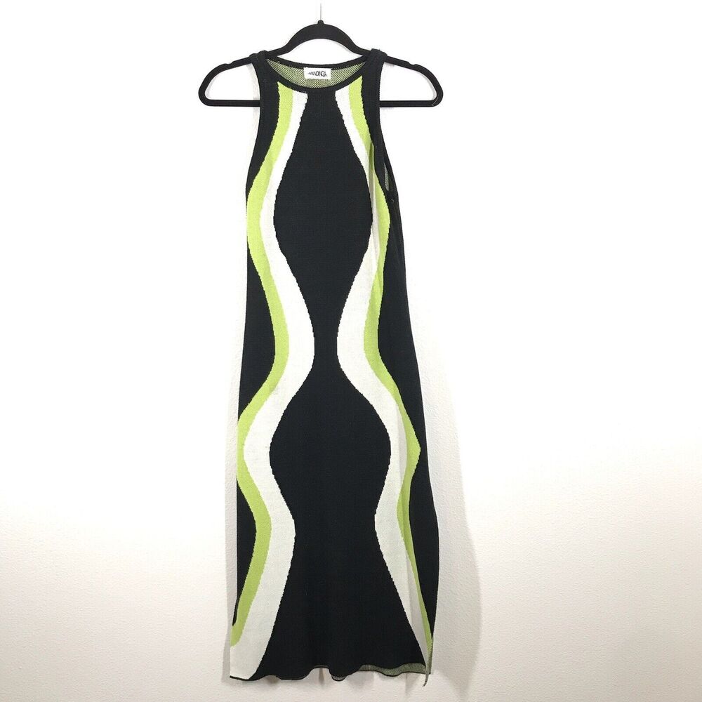 Mandinga Inca Midi Knit Dress Small Retro 90s Green Black Cotton Slit Sleeveless